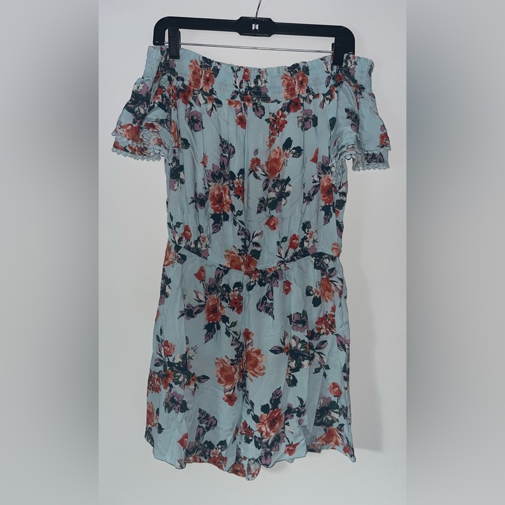 Xhilaration Turquoise Floral Off-Shoulder Romper